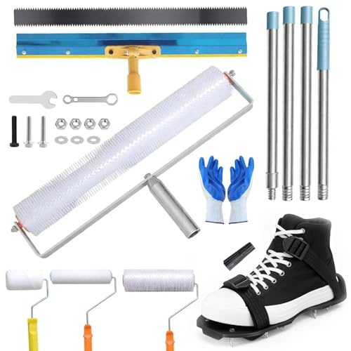 Cioquli Bodenbeschichtung Set, Epoxidharz Bodenbeschichtung Tool -160cm Abnehmbarem Langem Teleskopstange, Stachelwalze Ausgleichsmasse, Nagelschuhe 30 mm, Edelstahl Stehrakel und Handschuhe