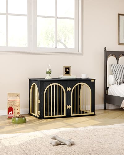 Hzuaneri Hundekäfig Möbel, 100cm Hundebox für Zuhause, 3 Türen, Bogentür, Moderne Hundebox Indoor für Hunde, Beistelltisch, Hundekäfig Hochbelastbar, 100 x 60 x 63 cm, Schwarzes Gold DFC84104A