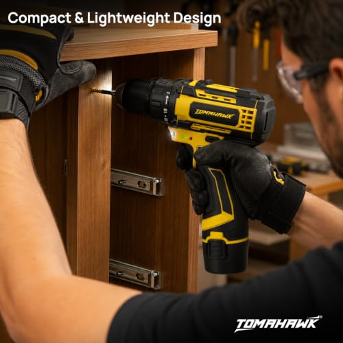Image of TOMAHAWK TCDR-12A 12V Cordless Drill /Screwdriver Kit | 10mm Keyless Chuck | 2-Speed (350 /1350 RPM) | 1.5Ah Single Battery | LED Light | 25+1 Torque | Drill & Screwdriver Bit Set for Home, DIY