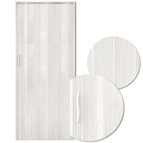 Portango Falttür Weiss Holzoptik aus PVC Kunststoff für Innen & Außen Komplettset I faltbare Schiebetür kratzfest und pflegeleicht mit Holz Motiv I anpassbare Breite der Falttüren I Modell PT-4 Twist