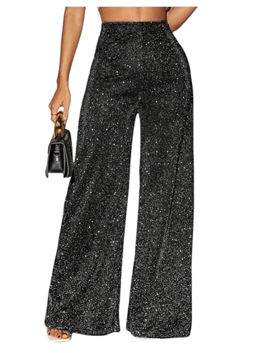 OYOANGLE Womens Sparkly High Waisted Wide Leg Pants Shiny Baggy Palazzo Trousers Party Clubwear Black Small