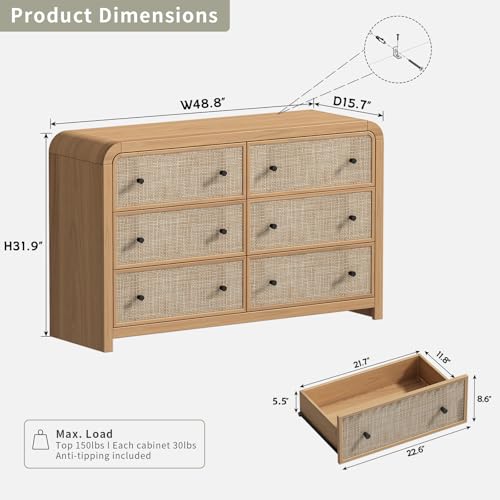 Image of Oak&Sparrow 6 Drawer Dresser for Bedroom, 49'' Rattan Dresser with Ample Storage, Boho Chest of Drawers, Thickened Curved Profile Design, Oak Dressers for Bedroom, Living Room