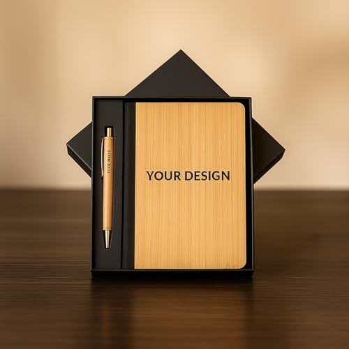 Image of Personalised Diary and Pen Set with Name or Logo with Gift Box | Bamboo Cover Diary and Pen Eco-Friendly Set | Customized Corporate Gift, Executive Office Gift, Birthday Gift for Men & Women