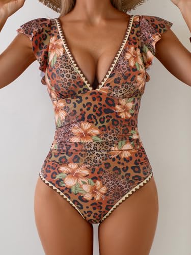 Image of Women One Piece V Neck Shell Stitched Swimsuit Slimming Bathing Suit