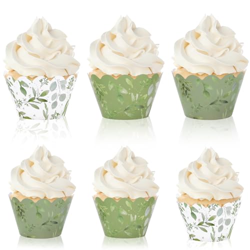 JarThenaAMCS 36 Pcs Greenery Cupcake Wrappers Eucalyptus Olive Leaf Floral Cupcake Liners Sage Green Leaves Dessert Holders for Baby Shower Wedding Party Supplies Dessert Decor by JarThenaAMCS - Used condition - US$8.99