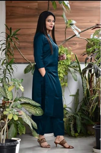 Image of Women's Jam Cotton Silk Co-ord Kurta Set With Pants | Ethnic Wear Solid Lightweight Straight Kurta With Pant