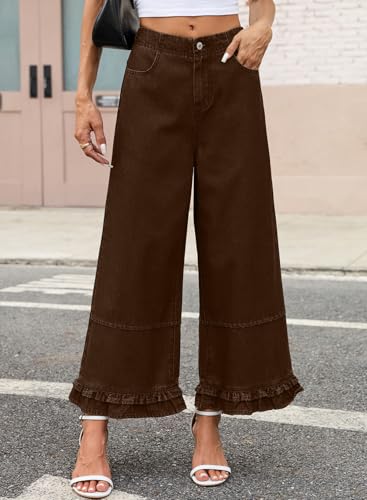 EVALESS Womens Wide Leg Jeans 2026 Trendy Mid-Rise Cropped Baggy Jeans Loose Fit Fashion Ruffle Hem Trouser Denim Pants with Pockets Chicory Coffee Size 6 — view 5