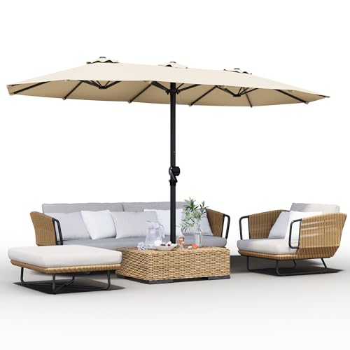 GDPFN 15FT Large Patio Umbrella, Outdoor Deck Standing Umbrella with Crank Handle, Double-Side Rectangular Pool Umbrella for Outside, Market, Patio, Beige (Base Not Include) by GDPFN - Used condition - US$89.99