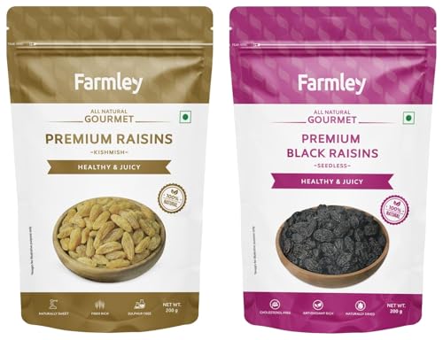 Image of Farmley Raisins Seedless I 200g,I Kishmish, Dry Fruits Source Of Potassium + Farmley Black Raisins Seedless I 200 gram I Kishmish, Dry Fruits Source Of Potassium,