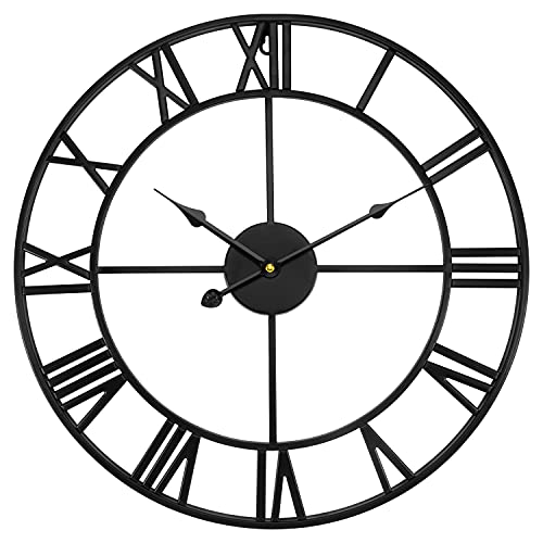 Foxtop Grande Horloge Murale Vintage Noir Horloge Murale Ronde en métal Presque silencieuse sans tic-tac Fonctionne avec Piles 47 cm Chiffres Romains pour Salon, Chambre à Coucher Décoration