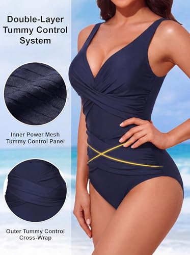 Image of Smismivo Tummy Control Swimsuits for Women Slimming One Piece Bathing Suit Retro Ruched Push Up Vintage Padded Swimwear
