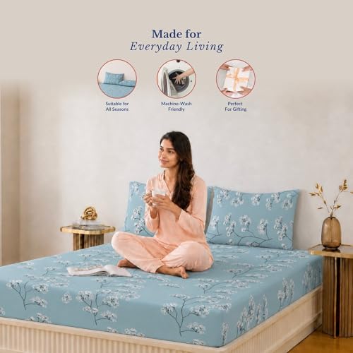 Image of Jaipur Weaves King Size Fitted Bedsheet with Elastic, 100% Pure Cotton King Size Fitted Bedsheet for Double Bed with 2 Pillow Covers, 240 TC, 72x78 Inches up to 8-inch Mattress, Floral Design (Blue)