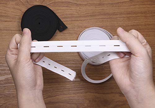 2 Colors Elastic Sewing Bands 11 Yards 3/4 Inch Flatback Black And White Sewing Bands Spool With Buttonhole, Knit Stretch Cord Belt With 10Pcs 18Mm Black Resin Button (3/4") #TOP4