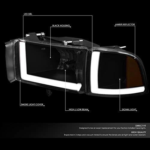Dna Motoring Hl-Lb2-Dr944-Bk-Sm-Am Smoked Amber Headlights With Pair Led Day Running Lights Replacement Compatible With 94-01 Dodge Ram 1500 #TOP1