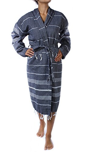 Cacala 100% Turkish Cotton Kimono Design Pestemal Unisex Bathrobe, Luxurious Soft Hooded Bathrobes For Men Women, Quick Dry Extra Absorbent Luxury Plush Long Robe Black Large #TOP4