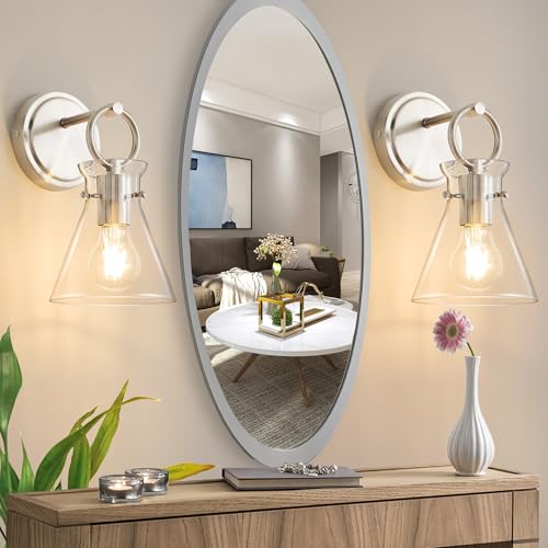 Image of Wall Sconces 2 Pack Vanity Light Fixture for Bathroom Nickel | Wall Mount Lighting Lamp, Farmhouse Wall Lights 6'' Clear Glass, Hardwired for Mirror