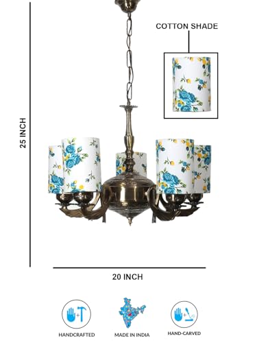 Image of Devansh 05-Light Round Printed Multicolor Cotton Shade Chandelier - Antique Golden Finish | Adjustable Cord | Warm Glow Lamp - Ceiling Light for Living Room, Dining Area, BedroomDecor - D17