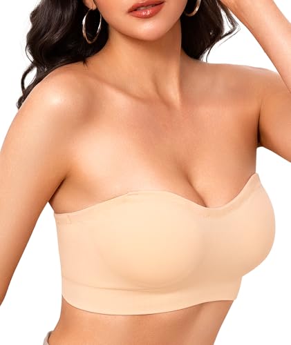 Finduself Strapless Bras for Women Non-Slip Wireless Bandeau Bra Seamless Padded Tube Top Bra Including Fabric & Clear Straps