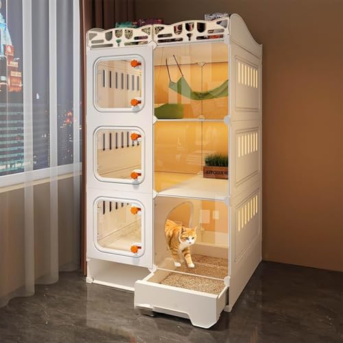 acmeer 猫 ケージ キャットケージ トイレ付き 大型 1/2/3段 引き出し 通気性が良い 脱走防止 掃除しやすい 大きい 透明引き戸 透明 取り外し可能 頑丈 保護 トイレ一体型 防臭 飛散軽減 おしゃれ 猫用 室内小屋 快適なスペース DIY ベ
