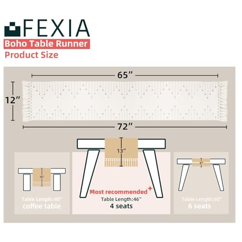 Image of FEXIA Boho Table Runner with Tassels 72 Inches Long for Home Decor Room Decor Farmhouse Rustic Macrame Table Runners for Dining Bedroom Bridal Shower(12x72 Inches)