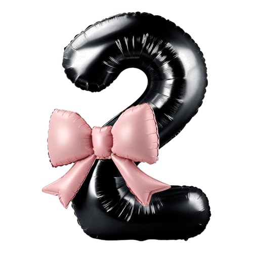 40 Inch Black Number 2 Balloon with Pink Bow, Coquette Aesthetic Foil Balloon for Birthday Decorations, 18th 21st 30th Anniversary Party Supplies, Photo Backdrop