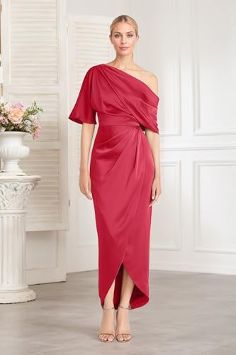 Everlong One Shoulder Satin Mother of The Bride Dresses Short Sleeve Formal Party Gowns for Women with Slit EL0153