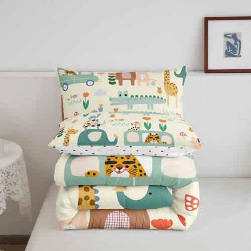 Image of Feelyou Kids Cartoon Elephant Bedding Set Full Size, Crocodile Comforter Set Boys Girls Bear Rabbit Comforter Zoo Animals Duvet Insert Kids Room Decor Microfiber Bed Set