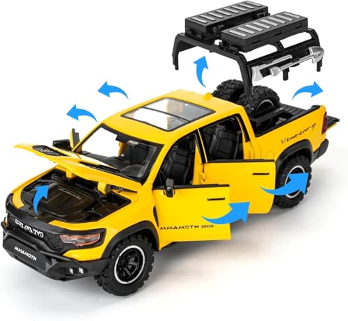 Image of 1 /32 Ram Pickup Truck Diecast Model Toy Car Metal Truck with Sound & Light Pull Back Friction Powered Toy Vehicle Openable Doors Collectible Gift for Kids & Boys (Yellow)