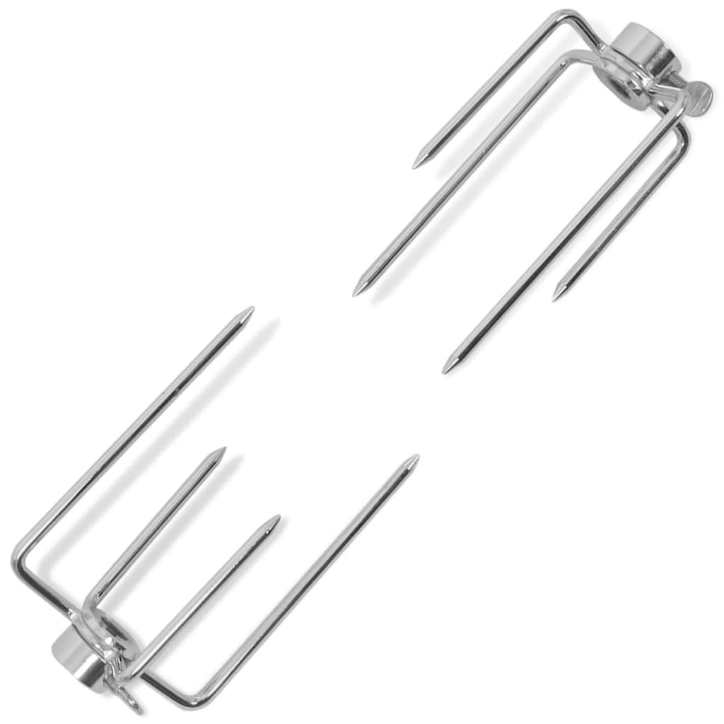 BBQ Rotisserie Horquillas de acero cromado, 2 unidades con cuatro puntas y tornillos de seguridad para brochetas de 8-11 mm, ideal para asar, ahumar, exterior y jardín
