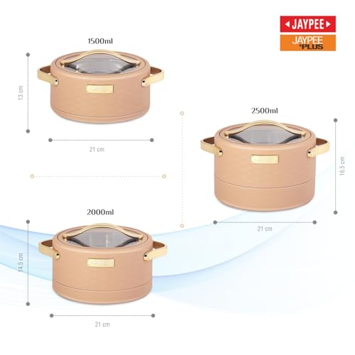 Image of JAYPEE Luxura Klass Set Inner Steel Serving Painted Casserole Set Of 3 Toughened Glass Lid Advanced PU Insulated 100% Food Grade Lockable Hot Box Easy To Keep Roti,Pulao & More|1500,2000,2500 Ml,Brown