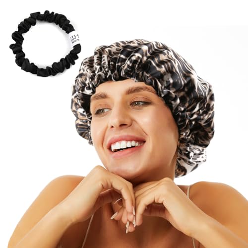Image of Stain Bonnet Silk Sleep Cap Adjustable Satin Cap for Night Sleeping Hair Bonnet Reversible Double Layer