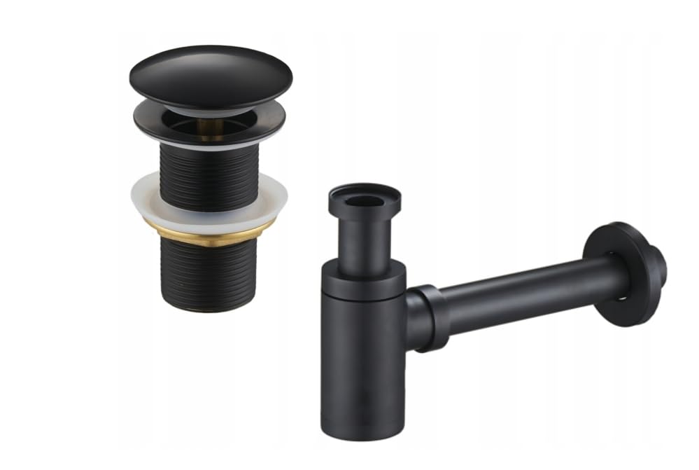 Sifone per lavabo + tappo a clic, scarico per lavandino e lavabo, set di scarico per lavabo, sifone di design, si adatta a qualsiasi lavandino, colore nero