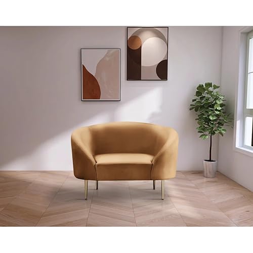 Image of Rosewood Luxury Curved Sofa in Premium Velvet-Fabric | Solid Wood Structure | High Density Foam | Sturdy Golden Legs | Comfortable & Stylish Couch for Modern Living Room (Saddle, 1 Seater)