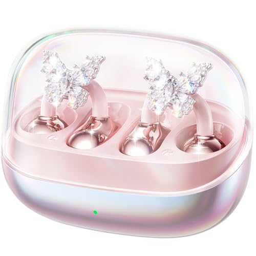 Image of Kinglucky Gen2 Clip-On Open Ear Earbuds with Detachable Sparkle Butterfly Earrings, Bluetooth Wireless Headphones for Women, 50H Playtime, Comfortable Fit for Small Ears, Easy Storage Case,Transparent