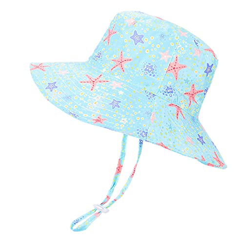 LACOFIA Sombrero de Sol Bebé Gorro Verano para Niñas Sombrero Playa de ala Ancha UPF 50+ Proteccion Solar con Correa Ajustable para Barbilla Azul Claro 4-6 años