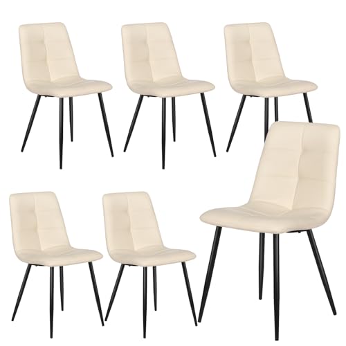 Image of Luxstein Dining Chairs Set of 6, Modern Beige Leather Upholstered Seat with Sturdy Black Metal Legs for Dining Room, Kitchen