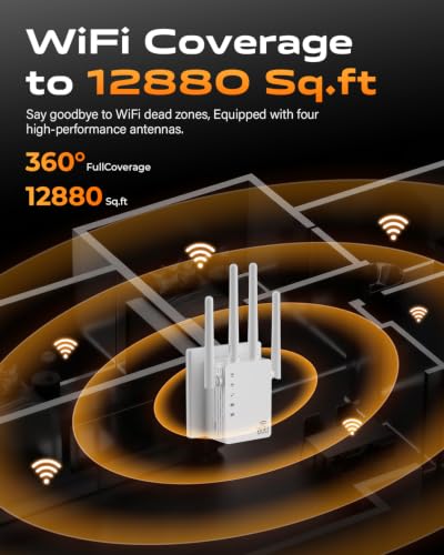 Image of 1200Mbps WiFi Extender with 4 Antennas, WiFi Extender Signal Booster with Ethernet Port and 12880Sq Ft, Easy Setup, Supports 105 Devices for Home