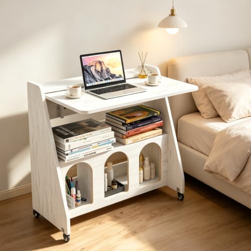 Bspibses Portable Mobile Desk on Wheels, Mobile Workstation, Rolling Laptop Cart, Rolling Movable Computer Desk with Storage and Wheels for Home Office Small Space (White)