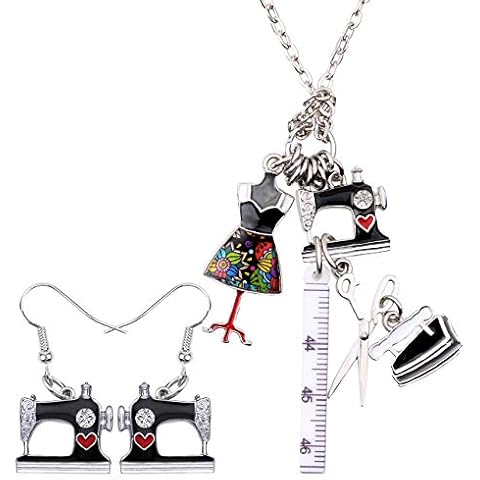 DUOWEI Sewing Machine Ruler Scissor Tools Jewelry Sets for Women Seamstress Charm Gift (Black) Cover