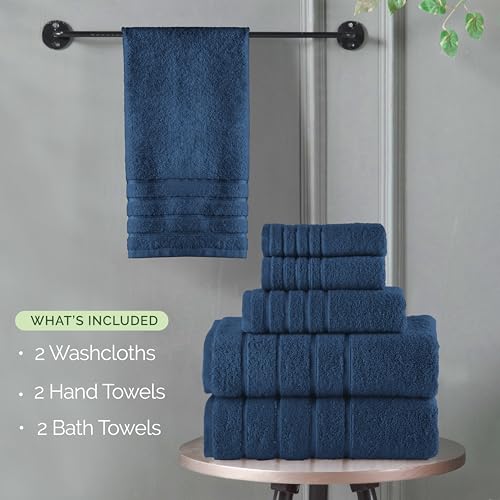 Image of Elegant Comfort 4 Lines Viscose Stripe 6-Piece Premium Towel Set - 100% Turkish Cotton High Absorbent Luxury Bathroom Towels - Includes 2 Washcloths, 2 Hand Towels and 2 Bath Towels Set, Navy Blue