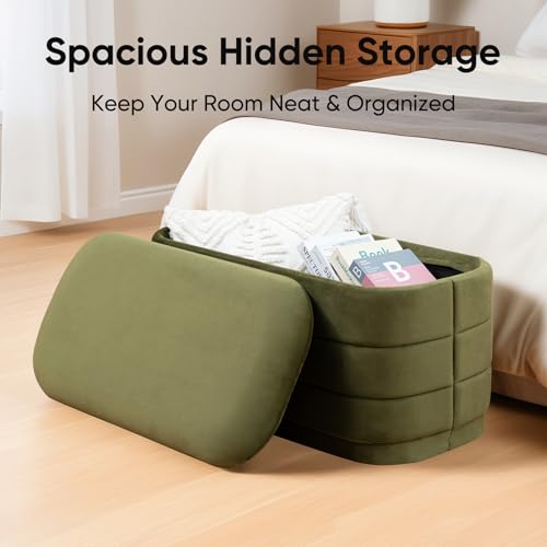 Image of 30 inch Velvet Storage Ottoman Bench with Wooden Tray Lid, Folding Large Upholstered Ottoman Footstool for Living Room, Rectangular Padded Foot Rest for Bedroom Living Room Dorm, Olive Green