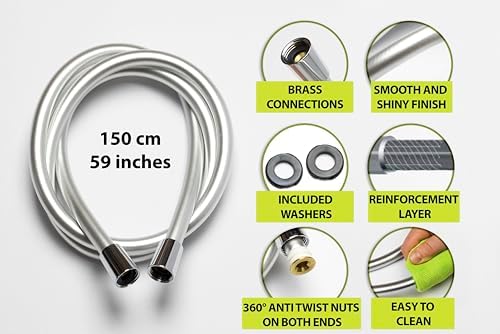 PVC Smooth Shower Hose 59 Inch with Anti-Twist Brass Connections - Universal Replacement, Flexible, Kink and Leak Proof