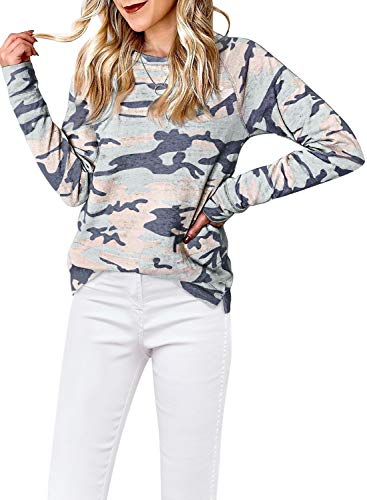 ROSKIKI Womens Soft Casual Pullover Tops Camo Print Long Sleeve Sweatshirts