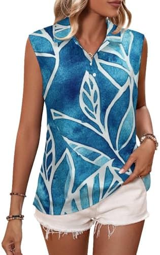 CoveTote Women's Sleeveless Golf Shirt Athletic Tank Tops Ladies Casual Summer Polo Shirts, Blue White Leaves, Large