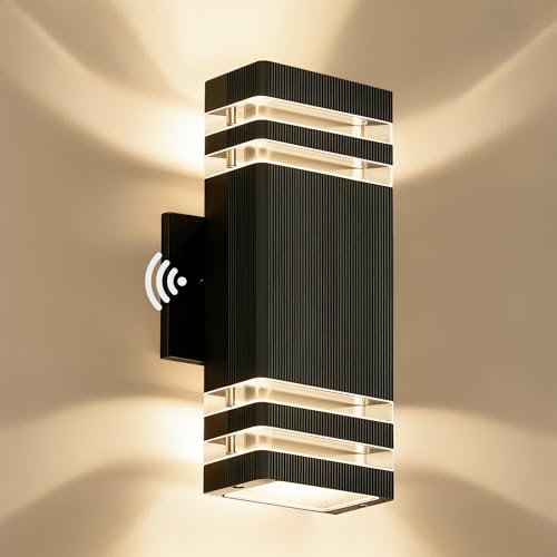 Image of JYV Dusk to Dawn Outdoor Wall Lights,Up and Down Square Porch Lights,Black | Aluminum Exterior Lighting Fixtures Wall Mount with 2x7W 3000K Bulbs, Waterproof Outdoor Lights for House Porch Patio Garage