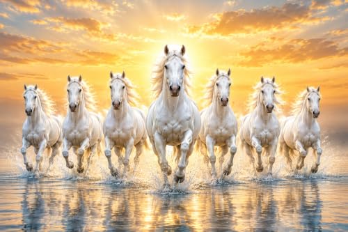 Image of Seven Horses Vastu Wall Sticker for Home & Office, 7 Running White Horses Sunrise Wall Art, Positive Energy Wall Decor for Living Room, Bedroom, Entrance & Office
