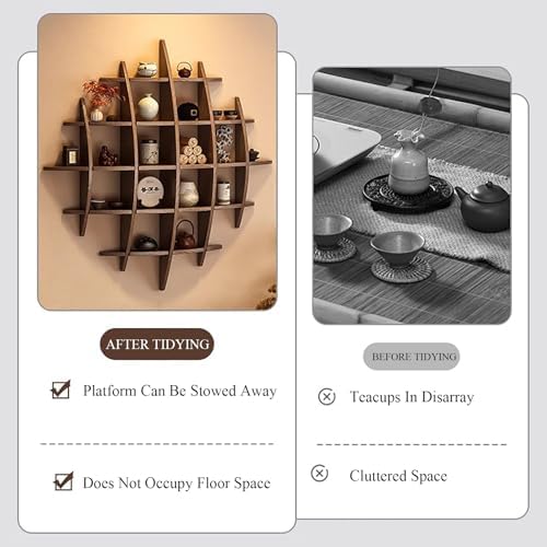 Wall-Mounted Solid Wood Tea Cup Holder & Teapot Display Stand, Coffee Mug Rack, Teaware Shelf Storage for Living Room, Kitchen, Office & Commercial Use