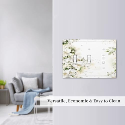 Decorative Switch Plate Covers Rustic Ink Green Leaves White Florals Flower 3 Gang Light Switch Cover Plate Triple Toggle Wall Plate Light Switch Covers for Bedroom Home Decor