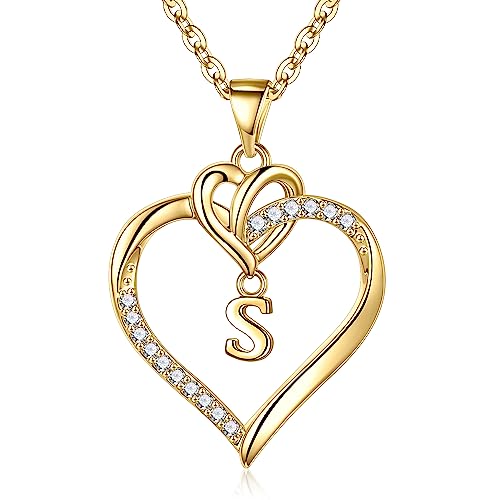 STORUP Heart Initial Necklaces for Women Girls, 14K Gold Plated Cubic Zirconia Heart Initial A-Z Pendant Necklace Dainty Heart Necklaces for Women Jewelry Birthday Gifts