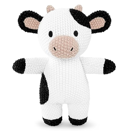 JUSTQUNSEEN Cute Knitted Cow Stuffed Animals Baby Crochet Stuffed Animal Soft Toys. Cute Small Animal Dolls 10 inch Cow Plush Toy Soft Toys for Babies Boys and Girls Birthday Christmas